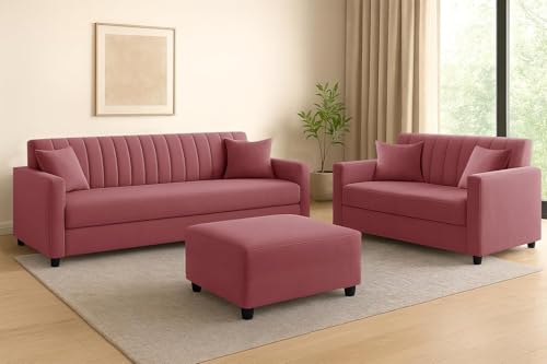 Image of 5-Seater Wooden Sofa Set (3+2) with Ottoman, Soft Velvet Upholstery, Elegant Space-Saving Design for Living Room, Home & Guest Room - Rose Pink