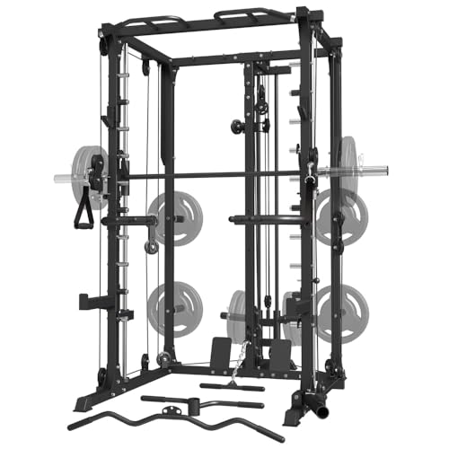 Fagus H All-in-One Smith Machine Power Cage with Dual Cable Crossover, LAT Pulldown & Weight Stack System,Multifunctional Home Gym Machine with LAT Pulldown, Chest Press, Leg Extension & Row