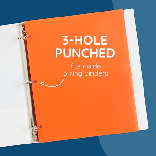 Blue Summit Supplies 6 Pack Multicolor Plastic Folders with Pockets 3 Hole Punched, Plastic Pocket Folders for 3 Ring Binder and Business Card Slot for School, Home, and Work