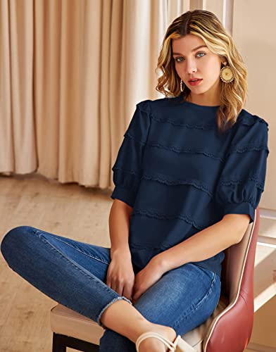 Women's Crew Neck Casual Business Work Blouse Tops Elegant Lace Short Sleeve Shirts Navy M #TOP2
