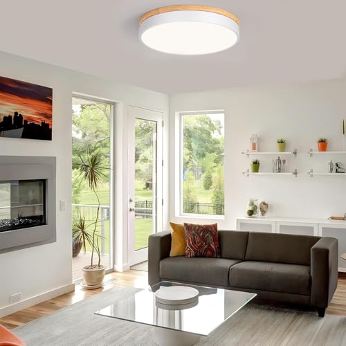 Modern Wood Flush Mount Ceiling Light, White LED 5CCT 2700K-6000K Dimmable Ceiling Light Fixtures, Round Close to Lighting Fixture for Kitchen Living Room Dining Room Bedroom-15.8in by Goomavi - Image 8