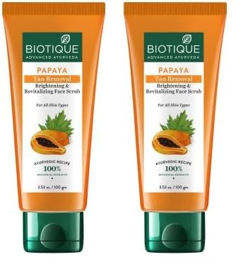 Biotique Papaya Tan Removal Brightening & Revitalizing Face Scrub | Gentle Exfoliation | Smooth and Clear Complexation | 100% Botanical Extracts| Suitable for All Skin Types | 100g (Pack of 2)