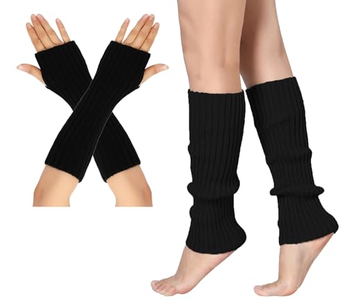 Leoparts Womens 80s Ribbed Knit Arm Leg Warmers Fingerless Gloves Footless Socks for Dance Cosplay Costume Party Accessory