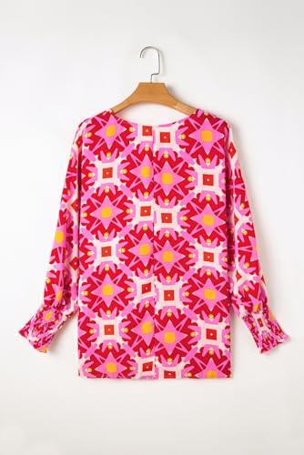 Women's Strawberry Pink Geometric Print Loose Blouse with Shirred Cuffs4
