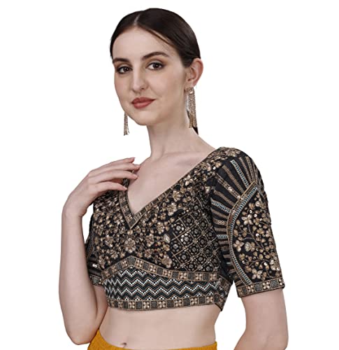 Image of Pujia Mills Mills Women's Fancy Readymade Heavy Coding Embroidary Worked Half Sleeve Multicolor Saree Blouse(Mushroom)