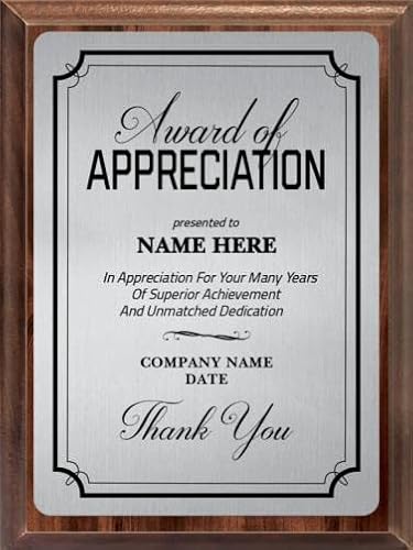 Crown Awards 6x8 Appreciation Predesigned Template Wood Plaque with Silver Metal Plate Prime