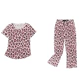 Peystean Women's Softy 2 Pcs Pajamas Set,Pink Leopard Fashion Pattern Ladies Home Loungewear Set Short Sleeve Blouses Tops and Drawstring Capri Pants Daily Pjs Adult Cloth XXL
