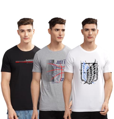 Image of ADRO 100% Cotton Lycra Tshirts for Men Combo Pack of 3 | Regular Fit | Printed T Shirt | Round Neck Half Sleeve| Mens Tshirts