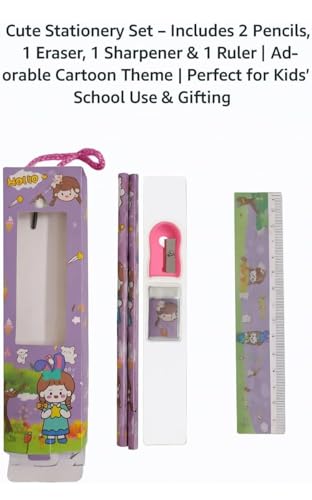 Image of Cartoon Theme School Supplies Kit with Pencil, Eraser, Sharpener | Mix Designs for Boys & Girls | Birthday Return Gift Items for Kids (Pack of 8)