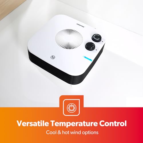 GEEPAS Portable Fan Heater | 3 Air Settings Cool Warm Hot | Lightweight Flatbed Heater Adjustable Thermostat 2 Heat Settings 1000-2000 | Low Noise Overheat Protection Compact Design | 2 Year Warranty