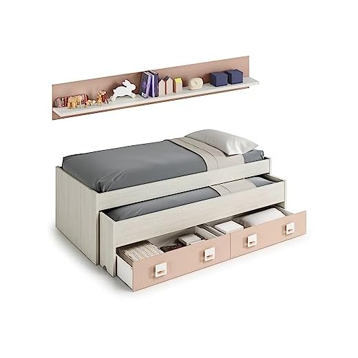 Habitdesign 0M7449Y - Cama Doble + 2 cajones y un Estante, Acabado en Blanco Alpes y Rosa Pastel, Medidas: 199 cm (Largo) x 96 cm (Ancho) x 69 cm (Alto)