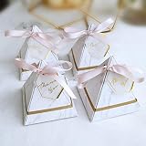 Lote de 100 cajas de grageas triangulares con cinta y etiquetas de agradecimiento de estilo europeo con diseño de mármol para fiesta de cumpleaños, caja de regalo para boda (S:2,83 x 2,83 x 3,15