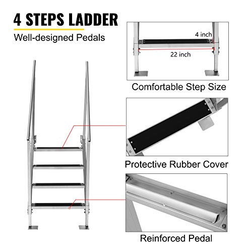 Vevor Dock Ladder With Rubber Mat, Dock Steps 30"-39" Adjustable Height, Dock Stairs Aluminum 4 Step, Each Step 22" X 4", 500Lbs Load, For Lake, Marine Boarding, Pool #TOP2