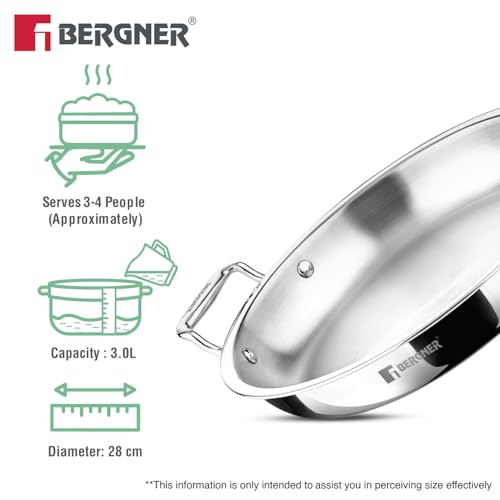 Image of Bergner Argent Samsara Triply Jalebi Pan 28cm (3L), Faster and Even Heat Distribution, Ergonomic Stay Cool Cast Handles, Healthy Cooking, Flared Rim, Easy to Clean - Full Induction and Gas Stove Ready