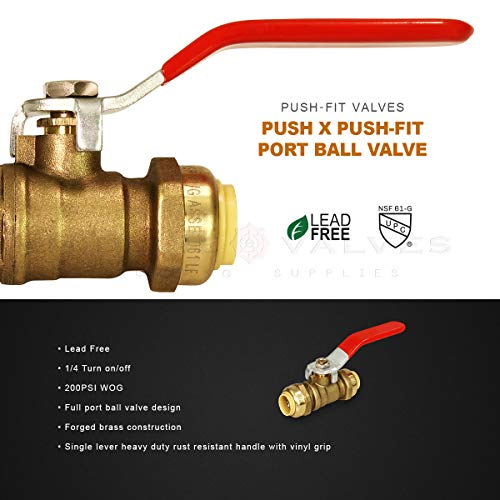 Supply Giant VQCW1-2 Full Port fit Ball Valve Water Shut Off Push to Connect PEX,Copper, CPVC, 1 Inch, Brass Pack of 2 - Thumbnail 5