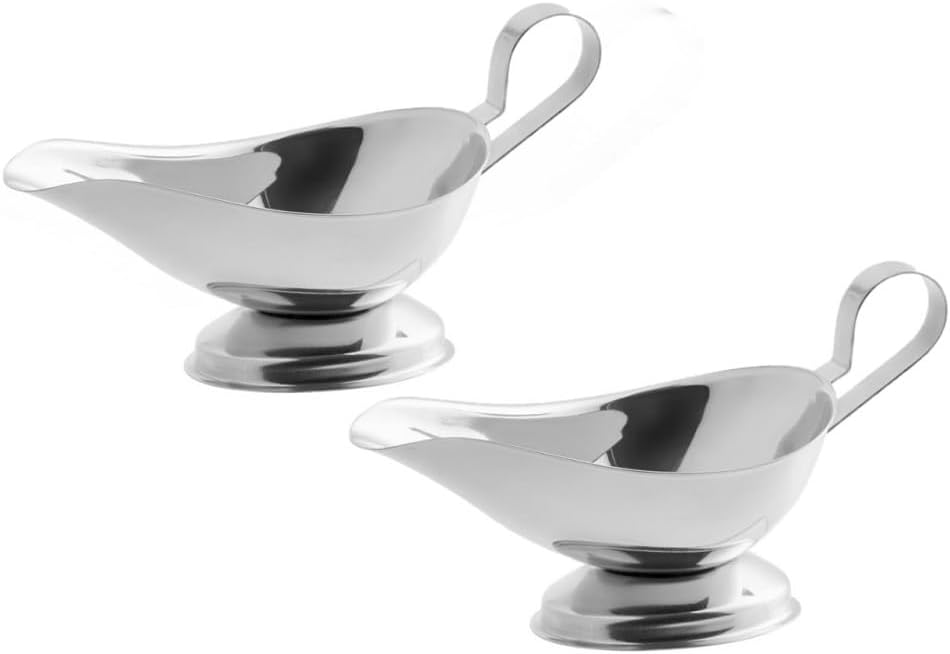 Soro Essentials- 5 oz. Stainless Steel Gravy Sauce Boat Gadroon Base with Loop Handle Set of 2- Restaurant Gravy Boat Dripless Lip Spout Serving Dish Gravy Bowl for Sauces Gravy Salad Dressings Milk