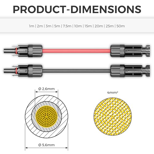 deleyCON 1m PV4 Kabel Solarny Kabel Przedłużający Zestaw 4mm² do Systemów Fotowoltaicznych - do Okablowania Szeregowego i Równoległego - 1kV AC 1.5kV DC - Odporny na Promieniowanie UV IP68