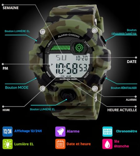 BHGWR Montre numérique de Sport pour Enfants avec Alarme/minuterie/résistante aux Chocs, étanche à 5 Bars, Motif Camouflage – vue 2