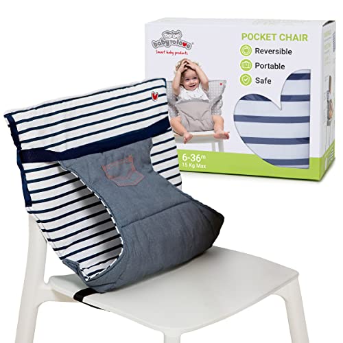 Image of BabyToLove Pocket Seat | Compact Portable High Chair for Travel, Dining & More | Secure & Washable Toddler Seat with Harness | Fits Most Chairs | Lightweight Foldable | Denim