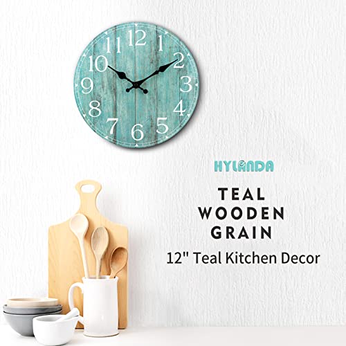 Hylanda 12 Inch Wall Clock - Teal Kitchen Accessories And Decor - Green Wall Clocks Battery Operated Silent Non-Ticking - Turquoise Clock Decor Decorative For Patio Office Bedroom Bathroom Living Room #TOP5