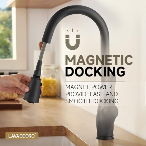 Black Kitchen Faucet with Pull Down Sprayer, Lava Odoro Matte Black Kitchen Sink Faucet with Magnetic Docking Spray 3-Function, Faucet for Kitchen Sink 1 Hole and 3 Hole with Deck Plate, KF271-MB by Lava Odoro - Used condition - Image 6