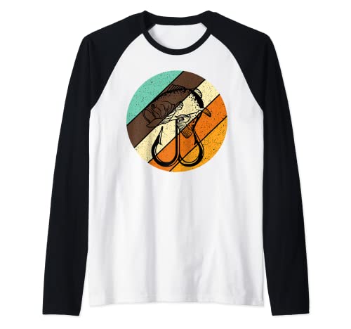 Pesca Bass Fishing Retro Vintage Pescador Anzuelo Bosque Camiseta Manga Raglan