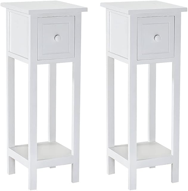 Ruication Pair of Bedside Table Storage Cabinet With 1 Drawer White Wooden Furniture Shelf Side Table Slim Tall Telephone Table Chest of Drawers Fully Assembled for Bedroom Living Room Hallway