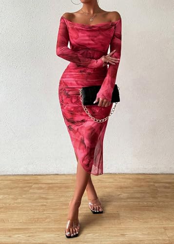 Image of MOEENCN Sexy Women's Bodycon Midi Dress Long Sleeve High Slit Cowl Neck Floral Print Cocktail Party Club Ruched Dresses
