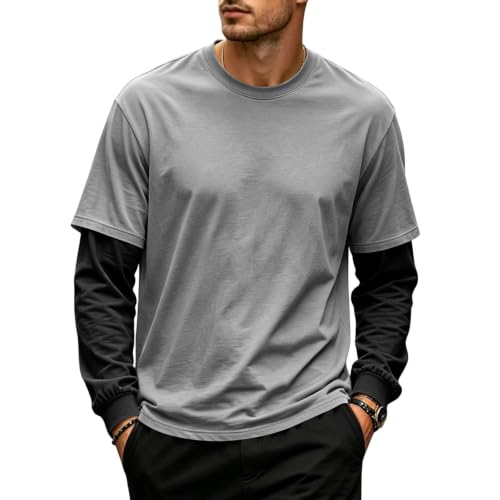 Long Sleeve Tshirts Shirts for Men Faux 2-Piece Pullover Tops