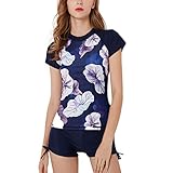 GWELL Damen Tankini Set mit Hotpants Badeanzug Bademode Schwimmshirt Badeshirt Kurzarm + Badeshorts Dunkelblau-3 L