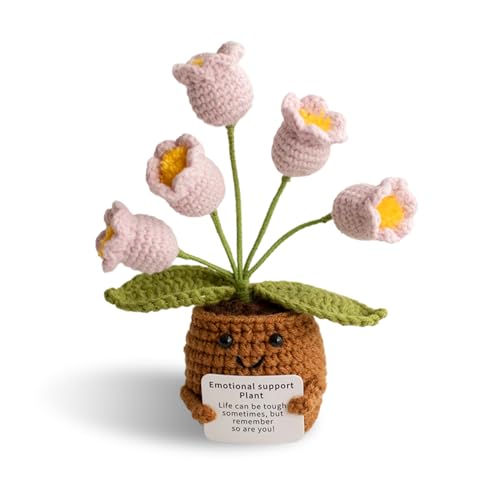 Huipalon Positive Crochet Flowers Handmade Pink Artificial Flowers 5 Buds Lily of the Valley Knitted Flower Crochet Flower Basket for Home Office Table Decor Desktop Ornament Gift for Woemn Men