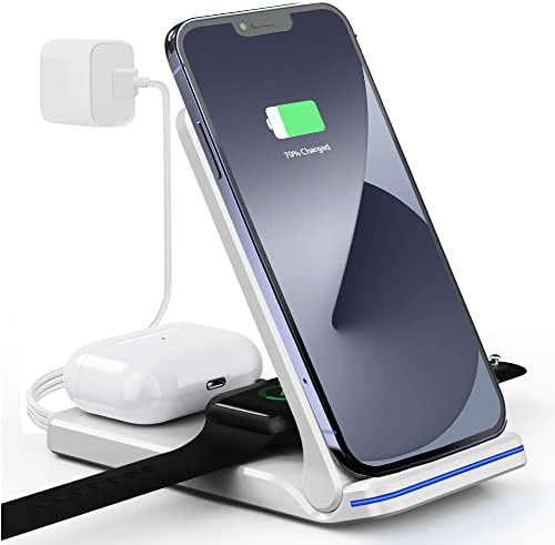 3 in 1 Wireless Charging Station,Foldable Wireless Charger For iphone 13/12/11 Series/XS MAX/XS/XR/X/8/8 Plus and Samsung Phones,15W Fast Wireless Charging Stand for iWatch and AirPods Pro/2/3(White)