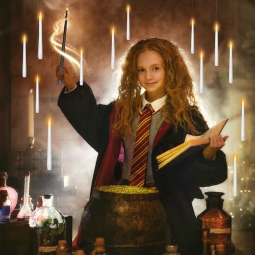 Image of kakoya Flameless Floating Candles with Wand,12 Pcs Magic LED Hanging Taper Candles,Flickering Battery Operated Taper Candle with Wand Remote for Halloween Decorations Best Gift(White)