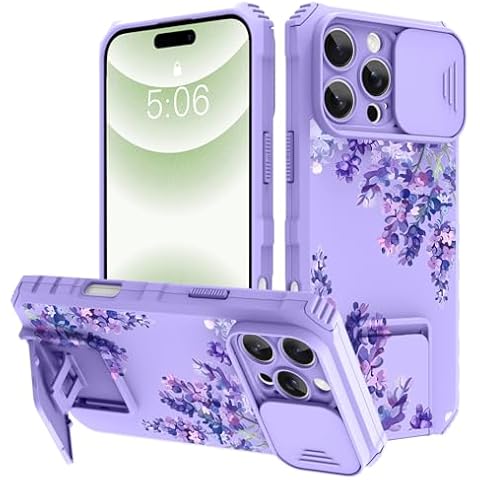 PERRKLD Compatible with iPhone 16 Pro Case with Slide Camera Cover + Kickstand, Cute Purple Lavender Floral Flowers Print Protective Bumper Shockproof Cover for Women Girls - iPhone 16 Pro Cover