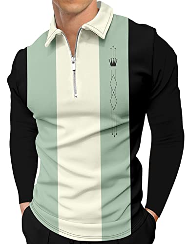 Hodaweisolp Mens Long Sleeve Polo Shirts Casual Zipper Printed Athletic Golf Tennis T-Shirt Tops Green Striped-Xl #TOP17