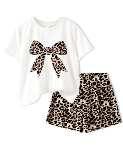 Doresbebe 6T Gils Clothes 2 Piece Outfit Size 6-7 Old Years Girls Cute Summer Short Sleeve Leopard Bow Print Shirt Shorts Legging Set Little Girl Prety Casual Daily Clothing Set Size 6-7 Apricot