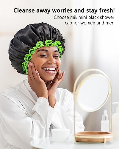 Mikimini Black Shower Cap For Women, Men & Girls, 2 Packs Reusable Double Layers Waterproof Bathing Shower Hat With Soft Comfortable Peva Lining, Non-Fading, Stretchy Shower Cap #TOP4