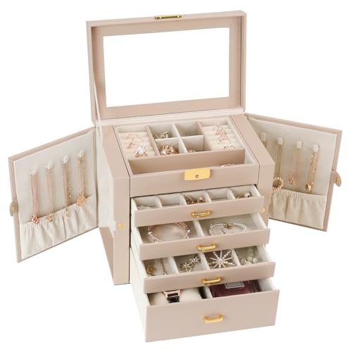 V-LAFUY Jewelry Box, Women's Jewelry Organizer with Mirror, 5 Layers & 4 Drawers, Apricot