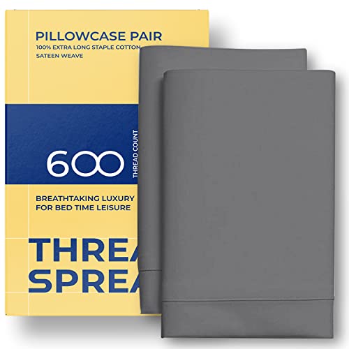 THREAD SPREAD 100% Egyptian Cotton Collection - 600 Thread Count Pillow CASE Pair with 4inch Hem - Stone Gray