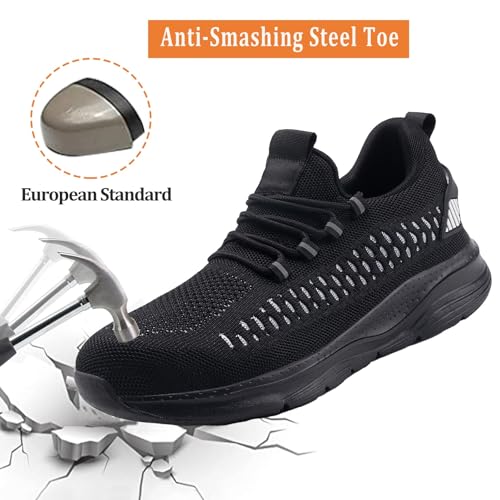 Image of LUPWEE Steel Toe Shoes for Men and Women Comfortable Lightweight Work Safety Shoes Puncture Proof Slip Resistant Indestructible Sneakers Construction Work Utility Shoes Black White 46.5