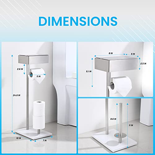 Day Moon Designs Free Standing Toilet Paper Holder Stand With Shelf, Toilet Tissue & Flushable Wipes Dispenser & Storage For Bathroom, Stainless Steel, Marble Base Bathroom Organizer - Brushed Nickel #TOP6