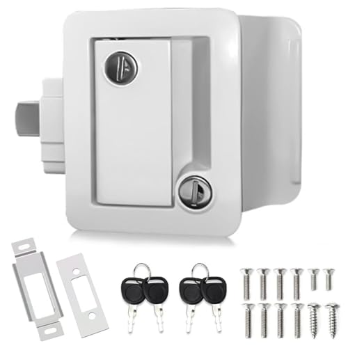 RV Murts RV Door Lock Replacement with Paddle Deadbolt, 100% Mental Camper Door Latch, Zinc Alloy Travel Trailer Entry Door Locks, RV Door Latch 4 Keys, Camper Door Lock Kits, RV Door Handle, White.