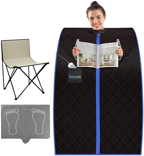 SereneLife Compact & Portable Infrared Steam Sauna, Personal Spa Style Sauna for at-Home Relaxation and Rejuvenation, Easy Access Sit-in Design, Foldable Chair, Energy Efficient, Foot Pad Heating Mat