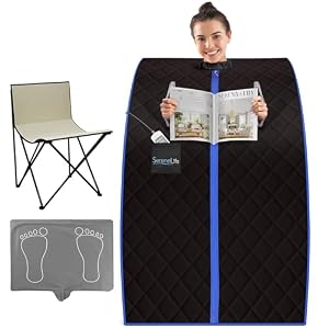 SereneLife Compact & Portable Infrared Steam Sauna, Personal Spa Style Sauna for At-Home Relaxation and Rejuvenation, Easy Access Sit-in Design, Foldable Chair, Energy Efficient, Foot Pad Heating Mat