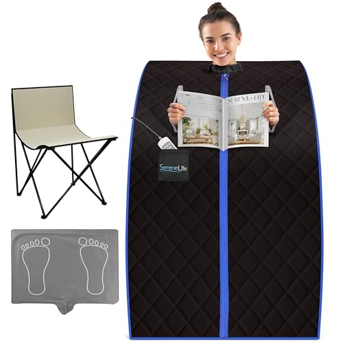 SereneLife Compact & Portable Infrared Steam Sauna, Personal Spa Style Sauna for at-Home Relaxation and Rejuvenation, Easy Access Sit-in Design, Foldable Chair, Energy Efficient, Foot Pad Heating Mat by SereneLife - Used condition - US$205.09