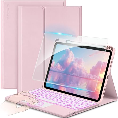 CACOE Funda Teclado para iPad 11.ª Gen (A16) / 10.ª Generación (11/10.9 Pulgadas) 2025/2022 con Touchpad, Iluminación de 7 Colores, [Español] Magnético Desmontable Bluetooth Teclado, Rosa