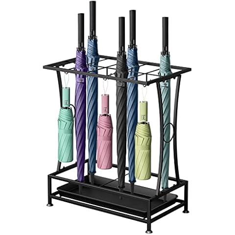 YOCOMEY Metal Umbrella Holder Stand with Removable Drip Tray, Industrial Free Standing Umbrella Rack Organizer for Entryway Home Office Patio Decor(10 Slots 8 Hooks, Black) Cover