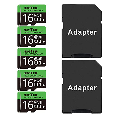 AreTop 16GB Micro SD Karte 5 Stück, mit 2 Adapter Speicherkarte MicroSDHC, UHS-I Klasse10 U1 A1, Full HD-Videoaufnahme Micro SD Memory Karte für Kamera/Smartphone/Drohne/Dash Cam Cover