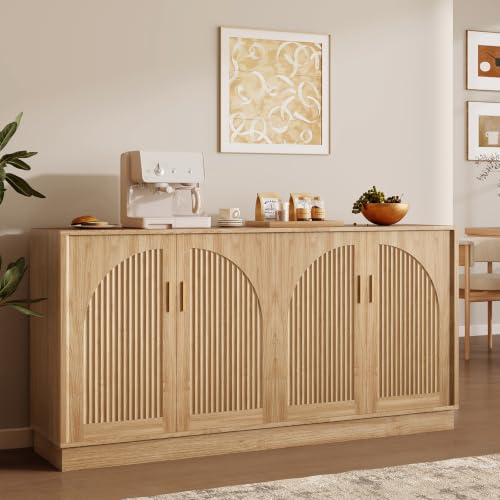 63" Fluted Sideboard Cabinet with Arched Doors, Buffet Cabinet, Light Oak