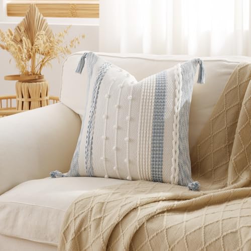 DEZENE Boho Pillow Cover 18x18 Coastal Blue - Handmade Woven Textured Throw Pillow Case with Cordings & Tassels, Decorative Accent for Couch Sofa Bed Farmhouse Living Room Bedroom Home Decor by DEZENE - Used condition - Image 2